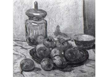 Natura morta con Vaso di vetro  e piatto con mele Natura morta con Vaso di vetro  e piatto con mele